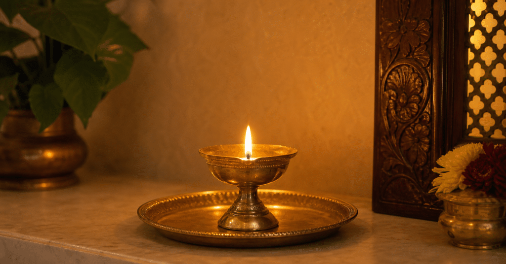 Traditional evening oil lamp for a calm family prayer moment
