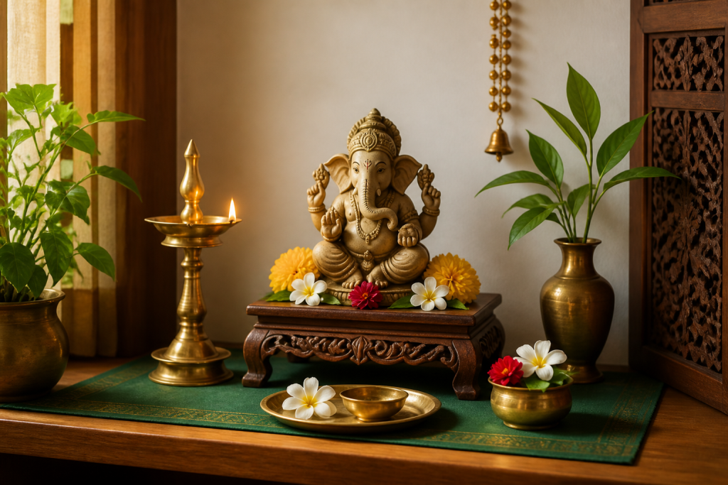 Small Ganesha murti on a clean home prayer shelf