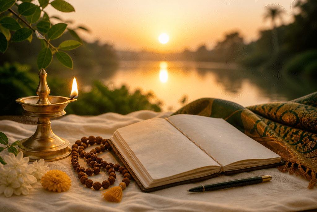 Sunrise prayer setting with lamp, beads, and manuscript for Gayathri Mantra