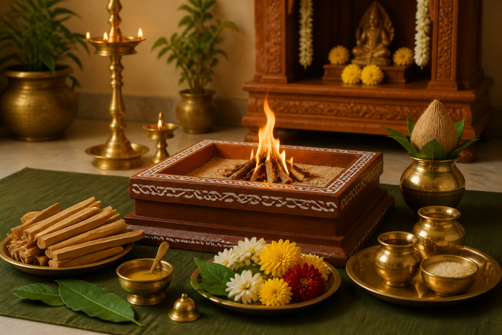 Clean homa kund with gentle sacred fire and ritual items