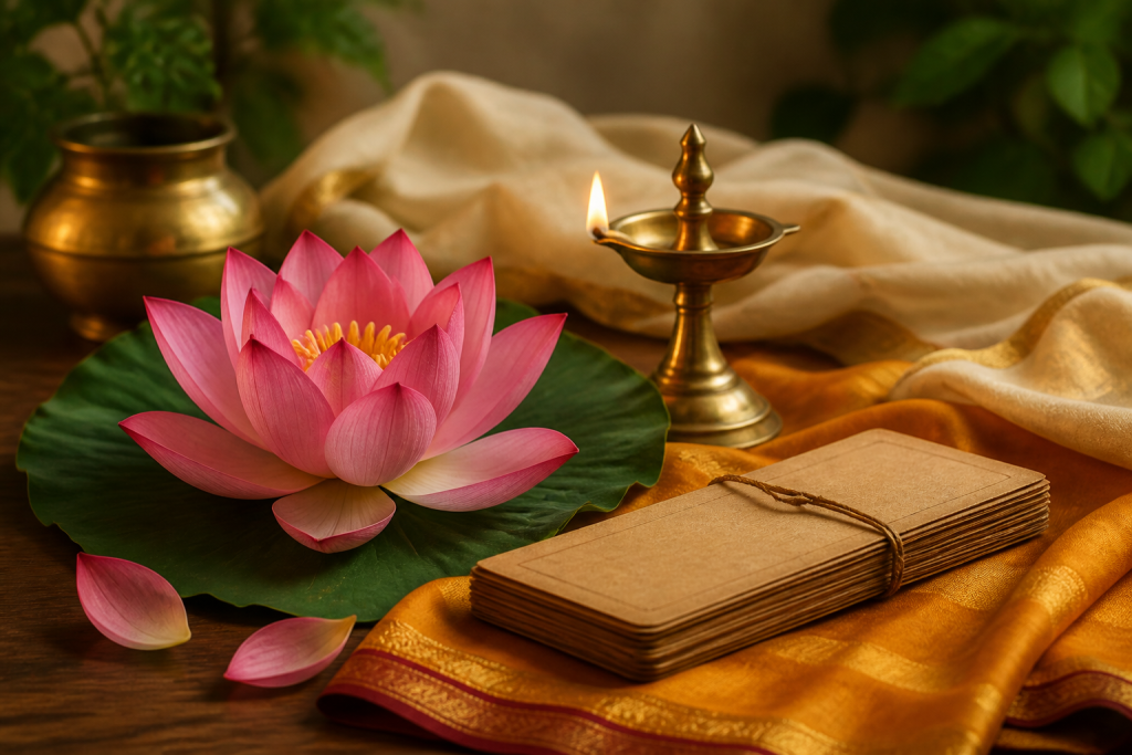 Lotus flower, lamp, and manuscript for Sri Sukta prayer practice