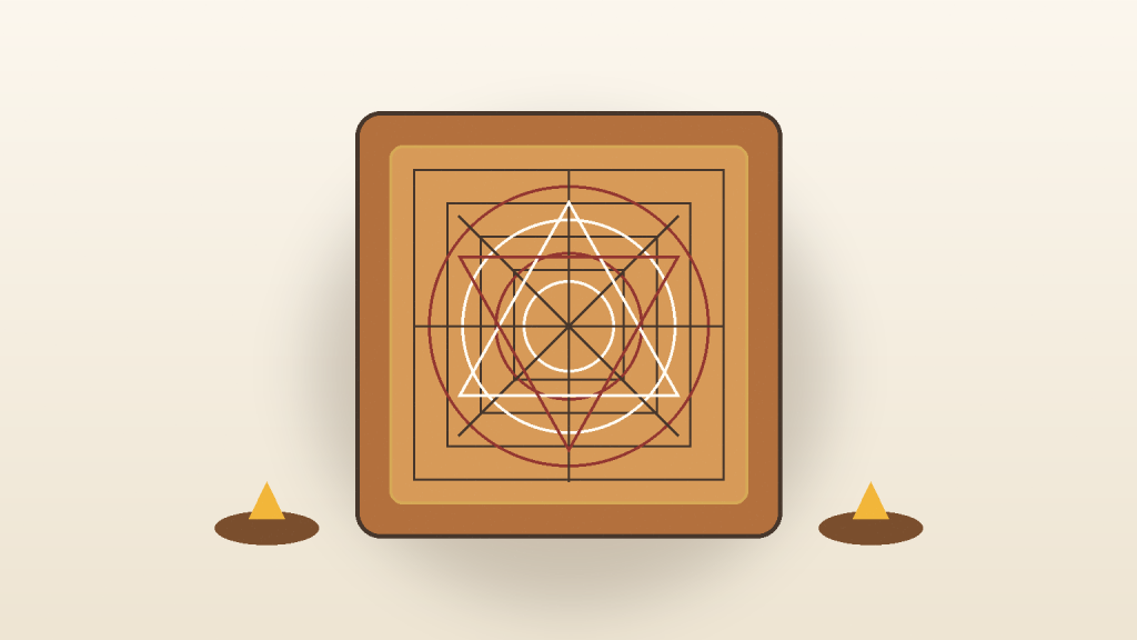 Traditional yantra pattern on a copper plate with small lamps